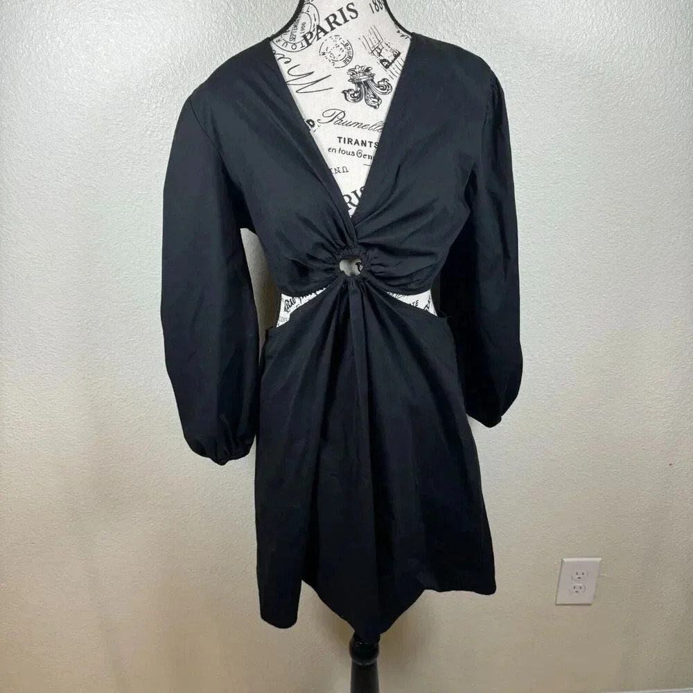 House of Harlow 1960 Black Cut Out O Ring Long Puff Sleeves Mini Dress Size M